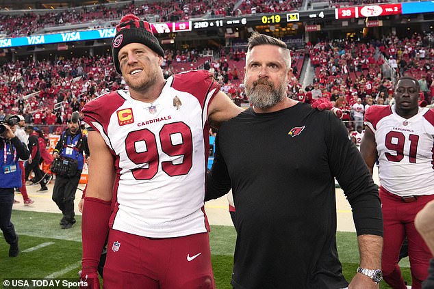 Watt takes a moment with assistant head coach Jeff Rodgers in emotional scenes Sunday