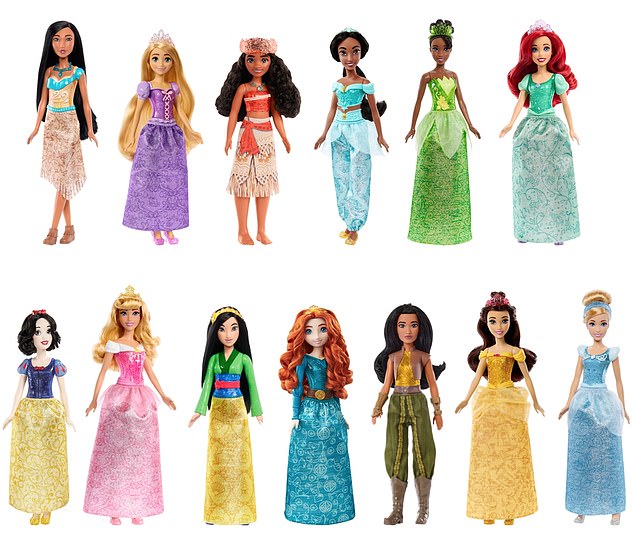 Aurora, Ariel, Pocahontas, Rapunzel, Tiana, Snow White, Belle, Jasmine, Merida, Mulan, Moana, Cinderella and Raya are part of the new line of Mattel/Disney dolls.