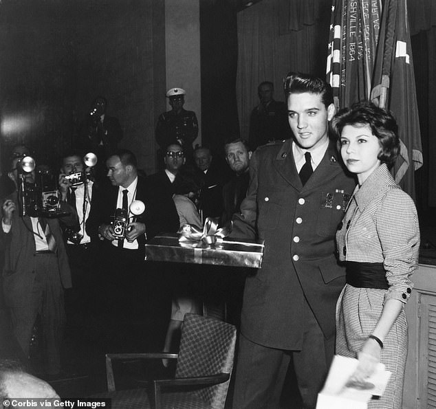 Frank Sinatra arranged for his daughter, Nancy Sinatra, then 19, to join Presley, then 25, at his Army discharge press conference at McGuire AFB in New Jersey in March 1960.