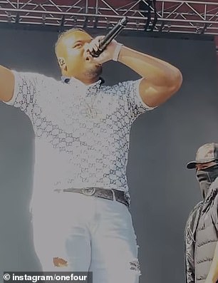 Another video shows Magalogo and Sua (pictured) performing hours after they returned to New Zealand.  Magalogo is heard urging fans to rap so NSW Police can hear his voice.