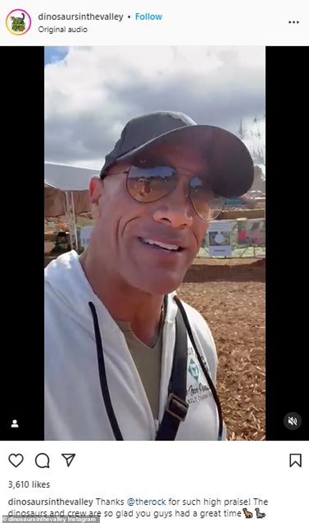 Thumbs up: The Rock called himself a 'dinosaur lover' when he recommended people go see the park filled with dinosaur replicas.