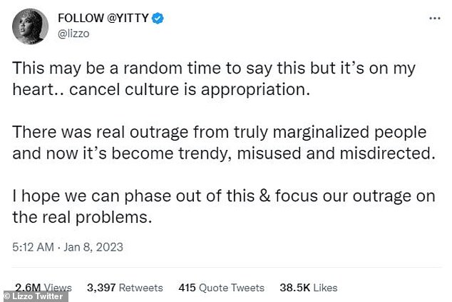 Latest: Lizzo, 34, said the concept of cancel culture has been exploited to the point of 'appropriation' in a tweet on Sunday.  She was photographed in Los Angeles last month.