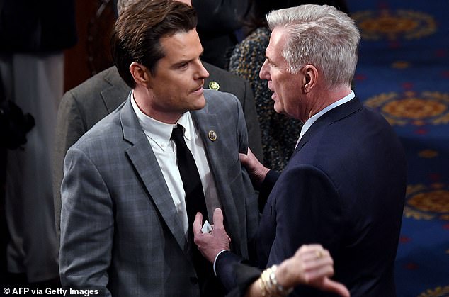 He singled out Rep. Matt Gaetz, one of McCarthy's biggest critics (pictured speaking with McCarthy on the House floor Jan. 6), as a 
