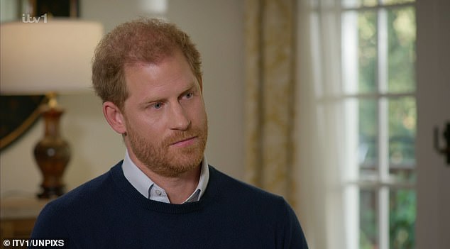 The Duke of Sussex went on a charm offensive this week, appearing on American talk shows to promote his best-selling memoir.  Pictured: Harry in ITV's Tom Bradby on Sunday night