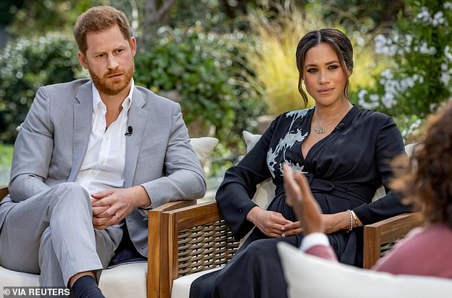 The dispute reportedly erupted when Harry, William and Charles were discussing the interview he and Meghan Markle gave Oprah the previous month.  The Sussexes are pictured during the interview.