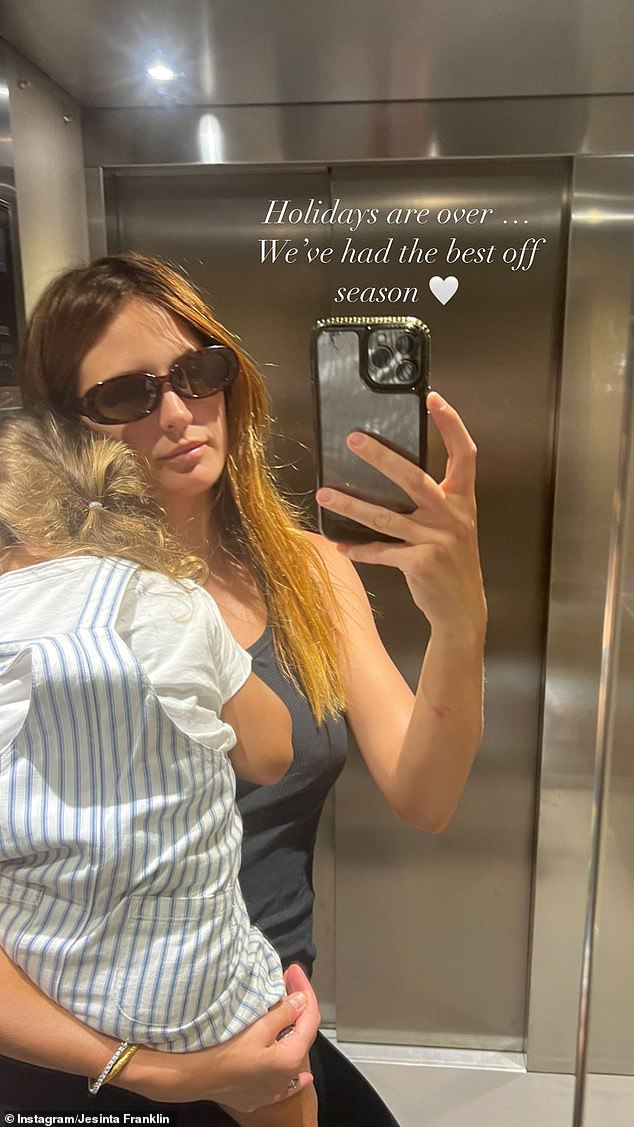 She then shared a photo of herself holding her two-year-old daughter Tullulah in an elevator selfie.  'The holidays are over.  We've had the best offseason,' he captioned the image.