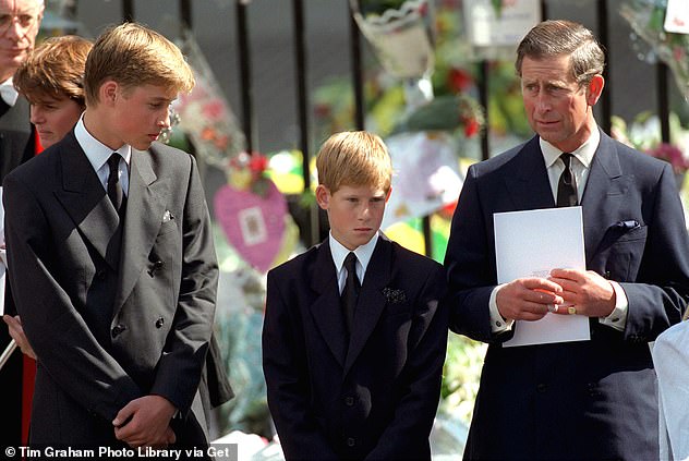 Prince Harry pictured with his brother, Prince William, and their father, Prince Charles, at Princess Diana's funeral.