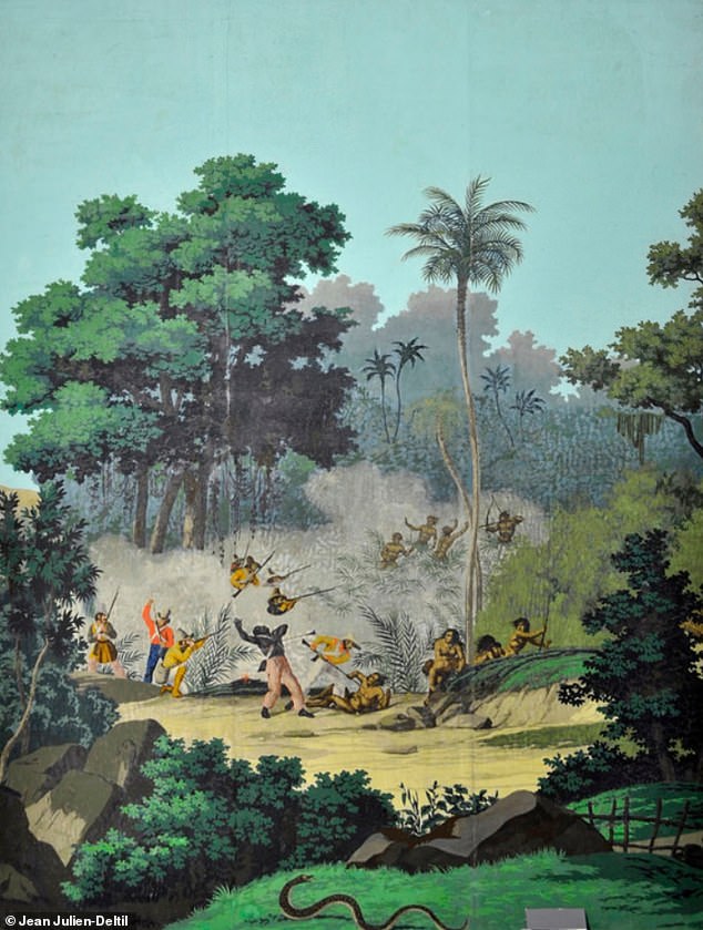 The artwork is part of Les Vues du Brésil' or 'The Views of Brazil' from 1829 and depicts the Portuguese colonization of Brazil.