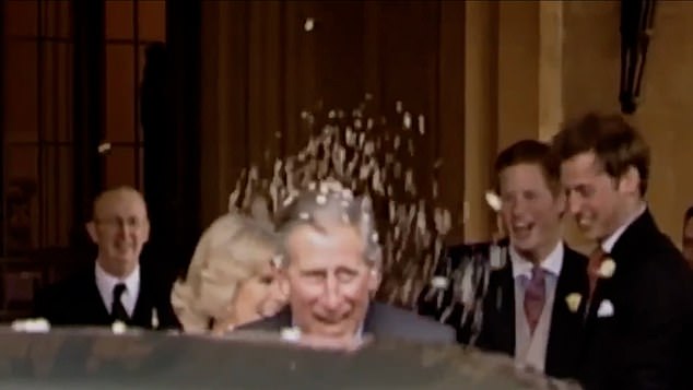 Pictures from Charles and Camilla's wedding day show Prince Harry and Prince William looking jubilant as Harry sneaks up on their father from behind and throws confetti at him.  In his interview with ITV's Tom Bradby, Harry says he was 