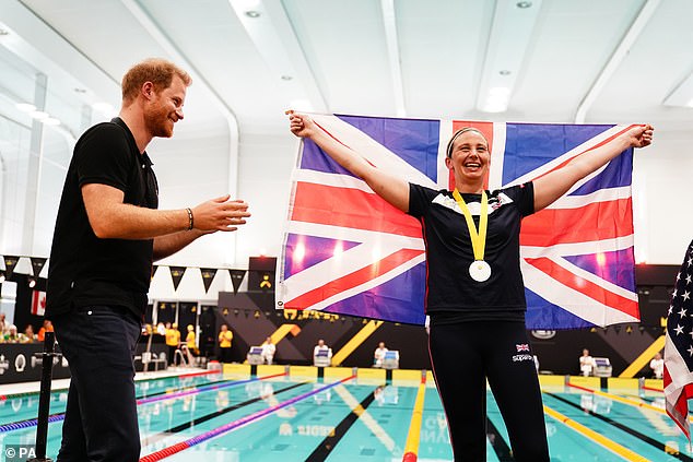 Ellwood said his claim could put the security of the Invictus Games at risk.  Pictured: Prince Harry congratulating the British team medal winner at the Invictus Gams in The Hague, Netherlands, in April.