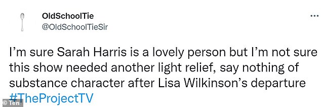 'Great show Sarah!  You are a good fit for @theprojecttv,' one person said of the 41-year-old TV star.  But not everyone was impressed.