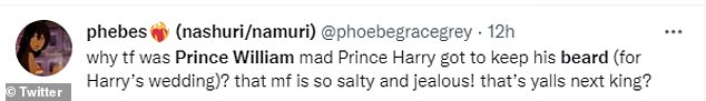 This behaviour, reported by Harry, outraged many viewers and readers and many of them took to Twitter to comment on what they had heard.  One person called the future king 'salty and jealous'