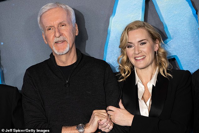 Reunited: The actress, 47, starred in the iconic romantic film with Leonardo DiCaprio in 1997, and now appears in his new film Avatar: The Way of Water, which opens next Friday (pictured together in a photo call from this week)