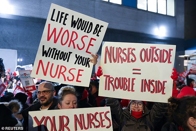 Strikers display protest banners as they fight for wage increases and better working conditions.