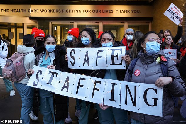 Nurses protest outside Mt. Sinai Hospital in Manhattan, where complaints of understaffing have persisted since the start of the COVID-19 pandemic