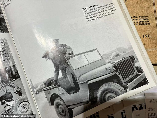 The image shows King George VI getting out of the Ford Jeep during the visit to Northamptonshire Air Force Base, which was used by the US Air Force to store its bombers