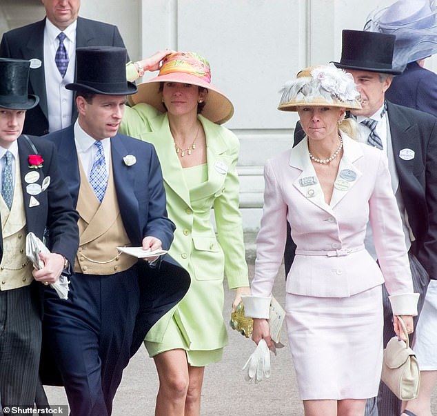 Maxwell had friends in high places and is taking his socialite lifestyle to prison.  She appears in green with Epstein, Prince Andrew and the Countess of Derby at the Royal Ascot tony horse race in 2000.