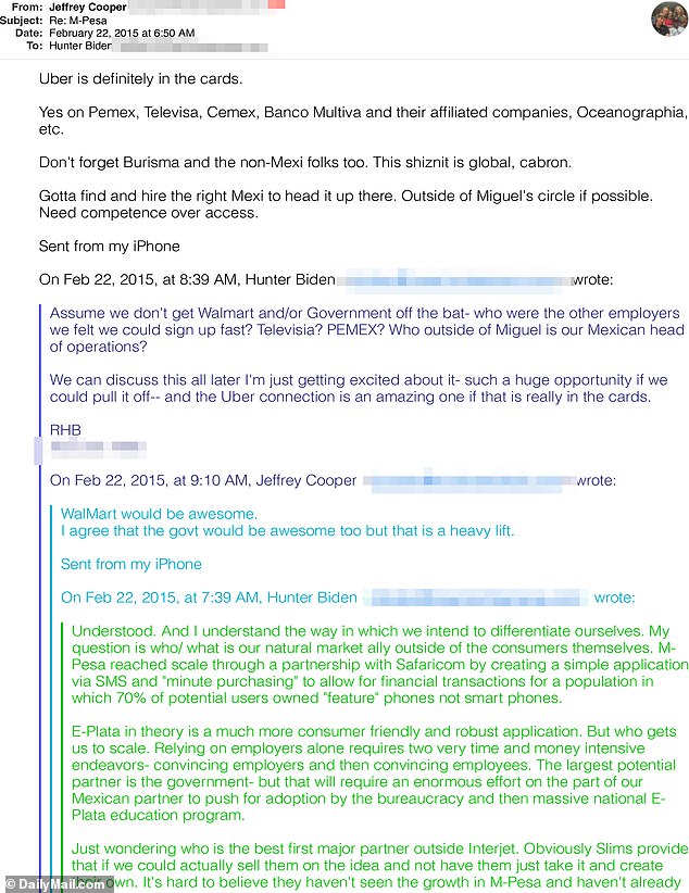 Cooper and Hunter were working business angles beyond oil. In one email from February 2015 Cooper describes a plan to pitch a payroll systems company they invested in, ePlata, to Pemex, Slim's massive Mexican telecoms company Televisia, Walmart, Uber, and even the Mexican government