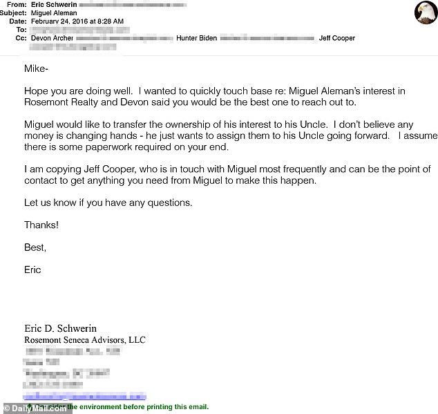 The same day as Hunter's terse February 2016 email to Magnani, his partner in his consultancy firm, Eric Schwerin, wrote to a staffer at Rosemont Realty asking him to make the transfer to the Mexican heir's uncle. 'Miguel would like to transfer the ownership of his interest to his Uncle. I don't believe any money is changing hands - he just wants to assign them to his Uncle going forward,' Schwerin wrote