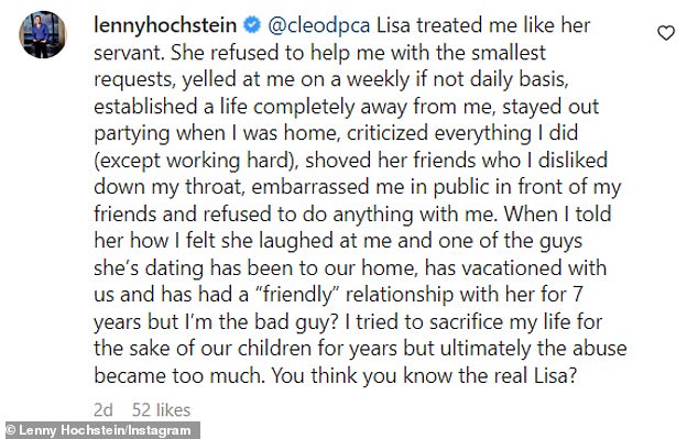 Bumps: Lenny, the famous plastic surgeon, shared his thoughts on his ex in a comment on Instagram where he said she treated him like a 'servant'