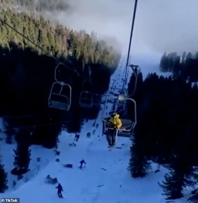 Stunning video footage shows the border flying down the piste in the Styrian Alps and slamming into the skiers, knocking each of them off the lift one by one and leaving a trail of destruction in his wake