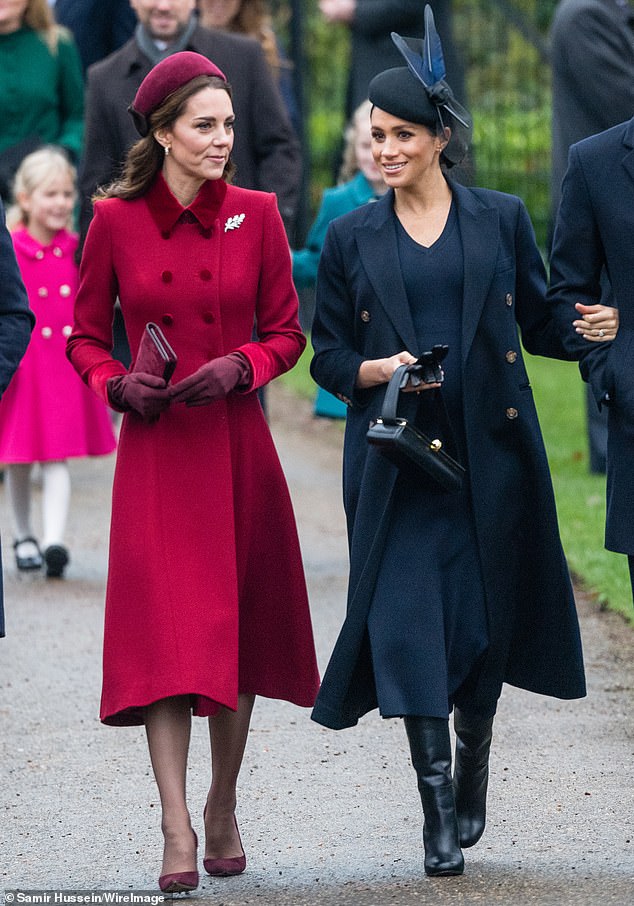 The disagreement between the two women, she claims, was further exacerbated by Kate's unwillingness to visit Meghan's tailor at Kensington Palace.  Pictured: The sisters-in-law in December 2018