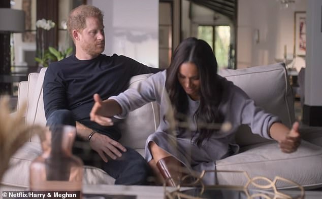 During the couple's documentary series, Meghan laughed at her first meeting with the queen and took an exaggerated curtsy in front of her awkward-looking husband, Prince Harry.