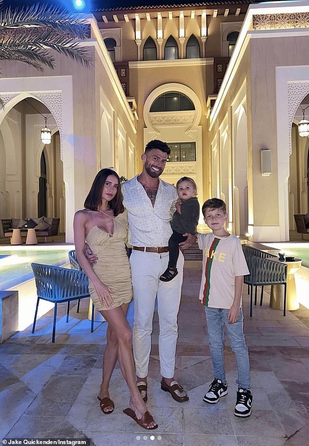 Family: Jake is currently enjoying a vacation in Dubai with his family and admitted that even when he appears happy on social media, he still has bad days (pictured with wife Sophie, son Leo and Jake's stepson Freddie)