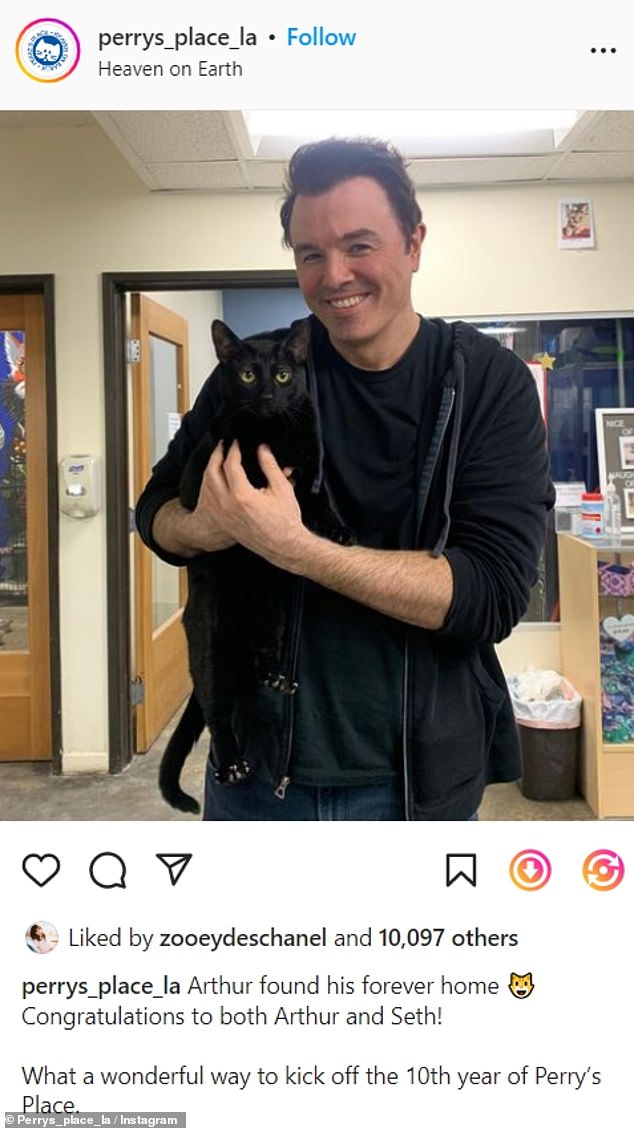 Good news: The charity shared the good news in an Instagram post, which Zoeey Deschanel and many others liked.  Arthur came to the shelter with a broken leg and was there for seven months before he was adopted.