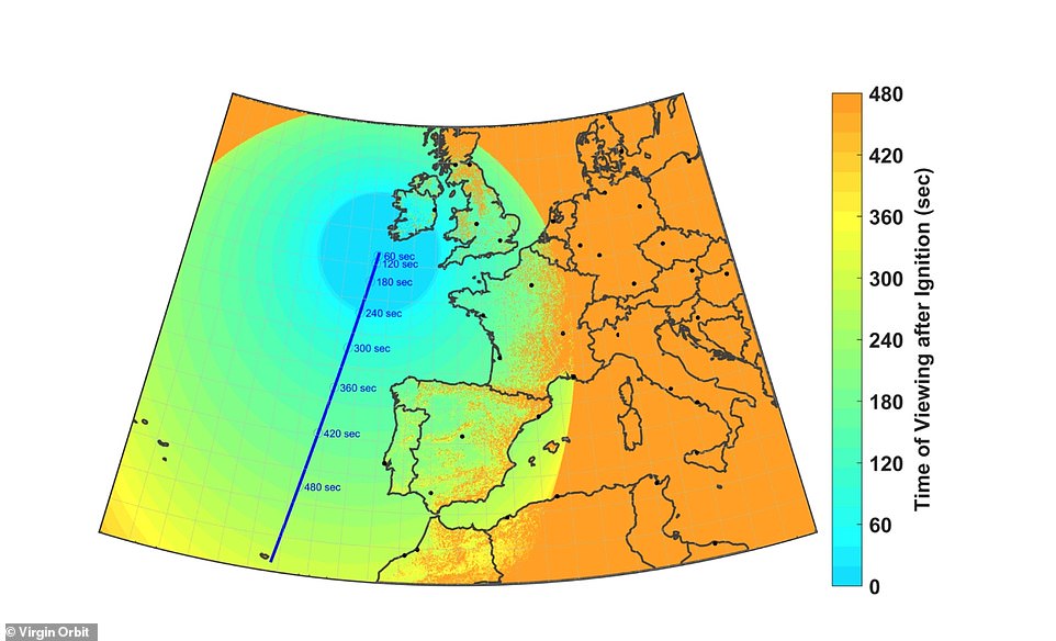 Virgin Orbit has released maps that show the route of the rocket (the blue line) and the timings for when people across Britain and beyond might be able to catch a glimpse of it in the sky