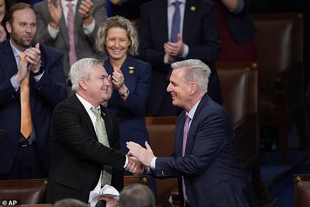 Republicans want to target DC may have been easier under a deal conservatives made with Kevin McCarthy in exchange for their support of his bid to become House speaker - top Incoming House Oversight Committee Chairman James Comer (left) shakes hands with McCarthy