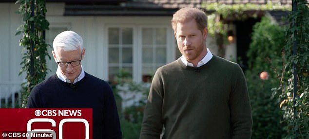 Harry is seen with Anderson Cooper during their 60 Minutes interview, which aired in the US on Sunday night.