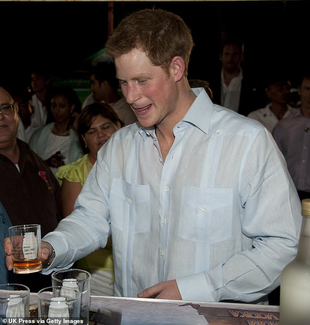 He also talks about his use of psychedelics such as ayahuasca and magic mushrooms, recalling how they helped him cope with the trauma of the death of his mother, Princess Diana, in 1997. (Pictured: Prince Harry partying in Belize in 2012)