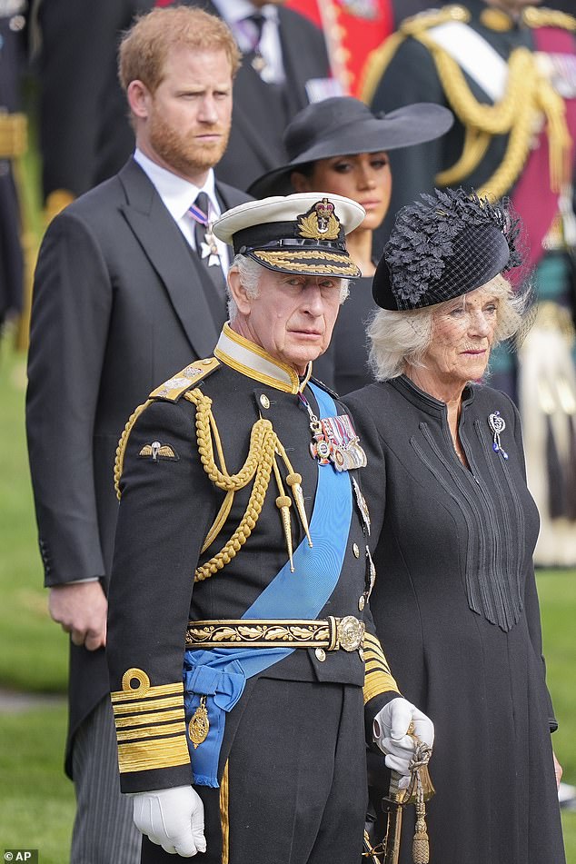 Prince Harry revealed that, in his opinion, the main conspirator in the tabloids has been the queen consort Camilla.  Pictured: King Charles III, Camilla, the Queen Consort, Meghan, Duchess of Sussex and Prince Harry at Queen Elizabeth II's funeral.