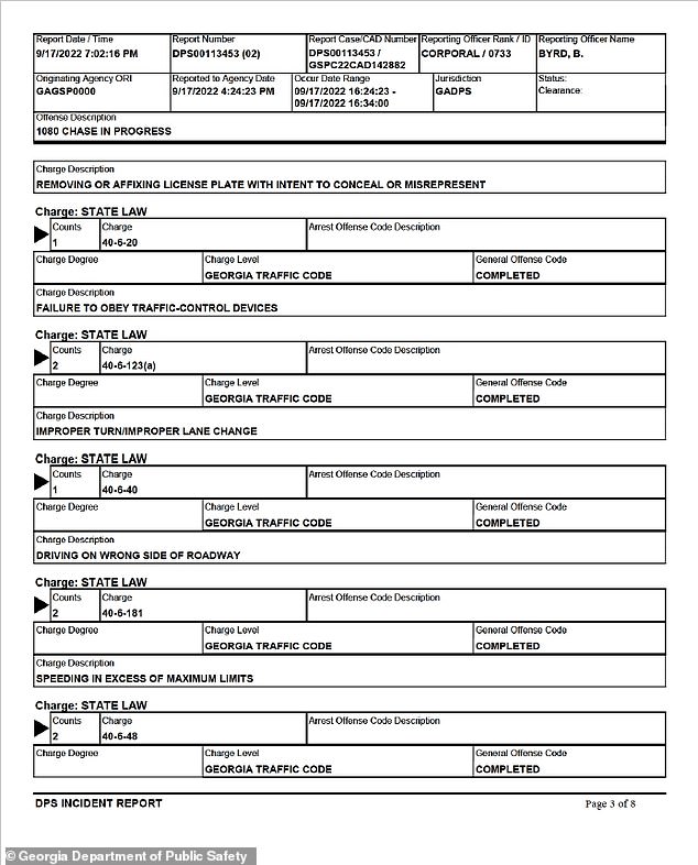 One page of the DPS incident report details some of the charges, including 'speeding above the maximum limits, driving on the wrong side of the road, improper turning lane change, etc.'