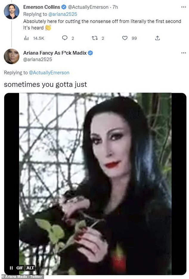 Cutout: Madix responded, 'sometimes you just have to,' and a GIF of Anjelica Huston from The Addams Family film cutting the head off a rose.