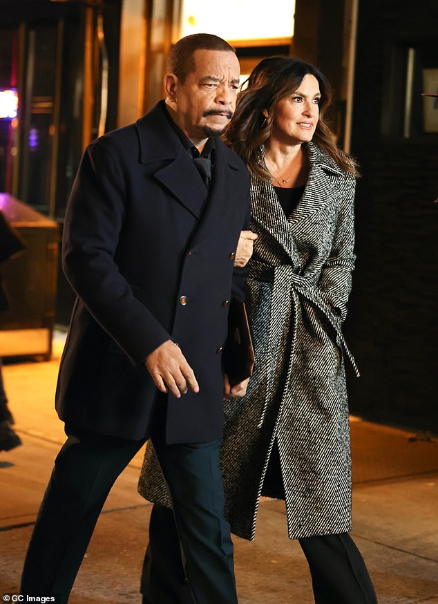 Arm in arm: Hargitay, 54, walked arm in arm with the 63-year-old actor/rapper, who has been his co-star for 23 years, during the late-night shoot