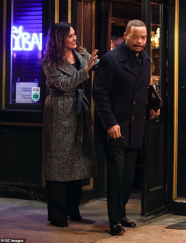 Stylish: Mariska, famous for her portrayal of Detective Olivia Benson, rocked a waist-hugging black and white wool coat