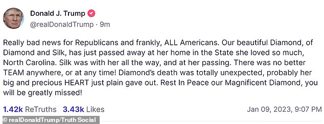 Former President Trump also shared the news on his Truth Social platform, stating that his death was sudden and that he was with his sister, Rochelle 'Silk' Richardson, at the time.