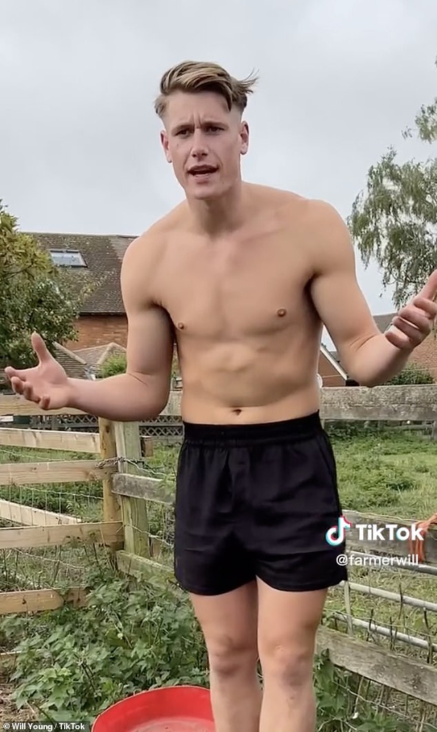 Hey?  In the TikTok clip, a shirtless Will feigns surprise when he sees Claudia sitting in her pigsty, holding a bottle of shampoo as she films a video of herself.