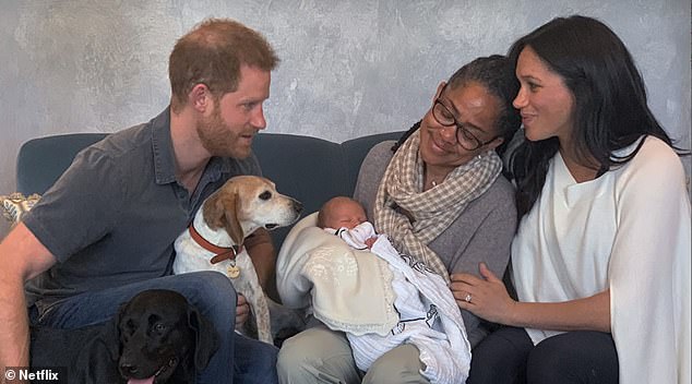 Harry and Meghan with their mother Doria Ragland after Archie's birth in 2019. Harry said the couple returned to Frogmore Cottage two hours after their son was born.