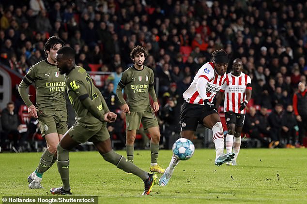 The winger scores one of his two goals in PSV's last friendly against AC Milan