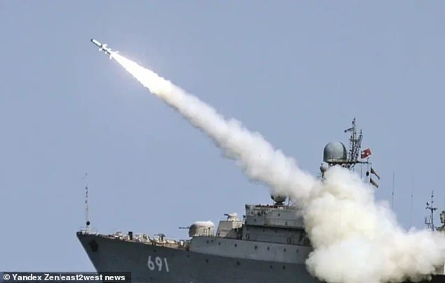 Pictured: Russia's Kalibr cruise missile is fired from a ship