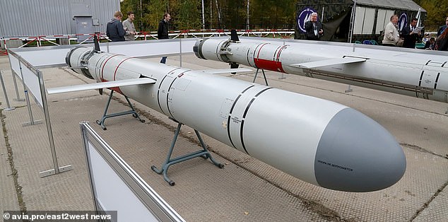 Pictured: Russian Kalibr cruise missile (file photo).  Kamnev's Kalibr missiles were used to decimate civilian and infrastructure targets in Ukraine.