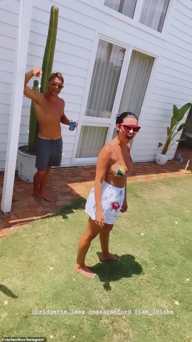 On their getaway, the group seemed to be having the time of their lives playing in the backyard of a beautiful beach house.  In the photo: Blake and Bridgette