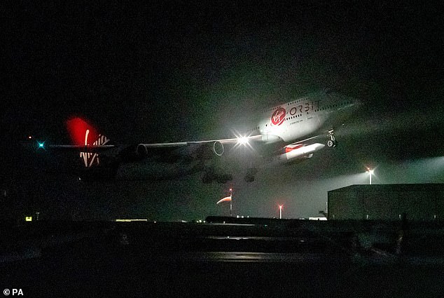 A repurposed Virgin Atlantic Boeing 747 aircraft, named Cosmic Girl, carrying Virgin Orbit's LauncherOne rocket, takes off from spaceport Cornwall