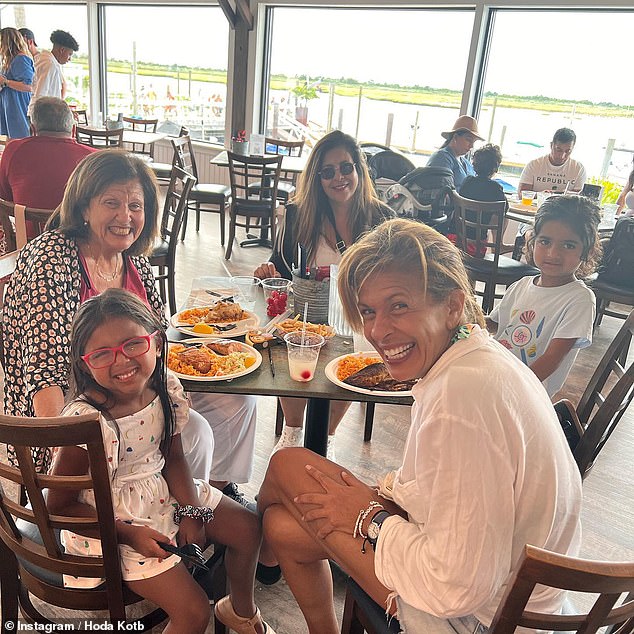 Kotb (pictured eating with her mother, sister and daughters) spoke about their special tradition on her 'Making Space' podcast, saying they keep their generosity under wraps.