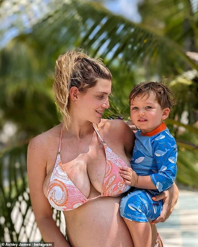 Sparkling: The Made in Chelsea star shone brightly in beach photos of her family getaway while celebrating the little ones' second birthday