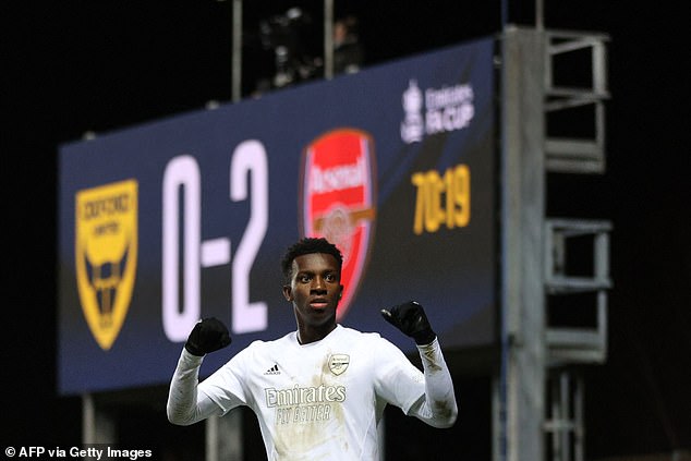 Nketiah (above) scored twice on Monday night to help Arsenal beat Oxford United 3-0