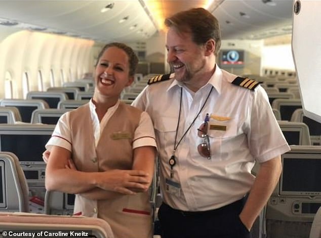 Caroline, pictured here while working as a flight attendant, recommends taking a pillowcase while flying and stuffing it with smaller pillows to make one big one.